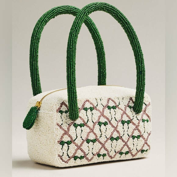 Anthropologie beaded cream with green bows box shaped tote bag